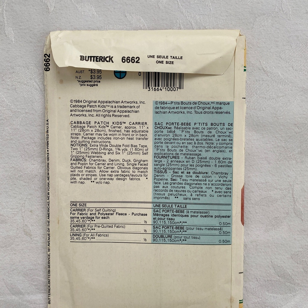 Cabbage Patch Kids Doll Carrier Sewing Pattern Factory Folded & Uncut - Picture 2 of 3